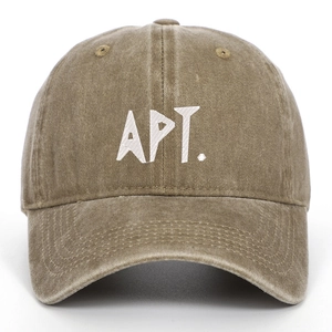 Close-up of vintage washed brown baseball cap featuring white APT embroidery detail