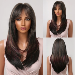 Three views of long straight ombre wig with bangs showing red highlights on dark base