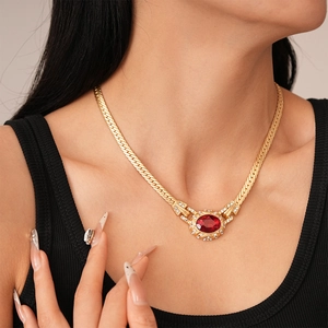 Vintage Pendant Necklace For Women Alloy Snake Chain With Oval Red Faux Gemstone And Rhinestone Elegant Jewelry