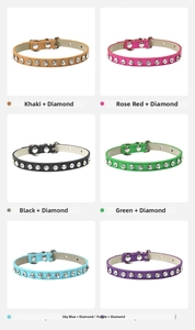 Dettaglio di collari in pelle per animali con strass in sei colori vivaci