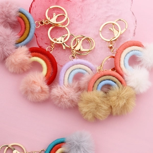 Boho rainbow keychain set with cotton rope weaving, soft tassels and colorful pom-poms