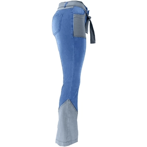 Women's high waist patchwork flare jeans in blue and grey with side lace-up details