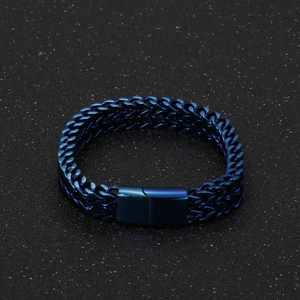 Close-up of deep blue double-row braided chain bracelet with magnetic metal clasp
