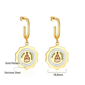 Detail view of 19.8mm gold-plated stainless steel earrings with Santa Claus pattern