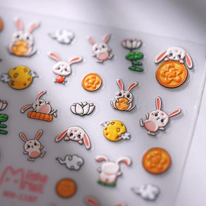 5D embossed cartoon rabbit nail art stickers with moon and lotus patterns on clear adhesive