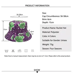 Leopard print bucket hat with purple and green pattern shown with size specifications