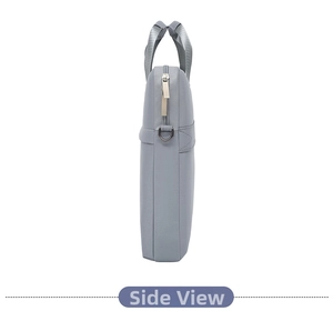 Side view of slim 14-inch gray laptop sleeve with smooth zipper and metal D-ring attachment