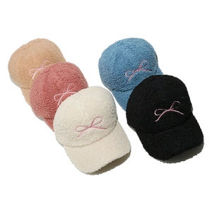 Plush lamb wool baseball hats with bow embroidery in beige, pink, white, blue and black