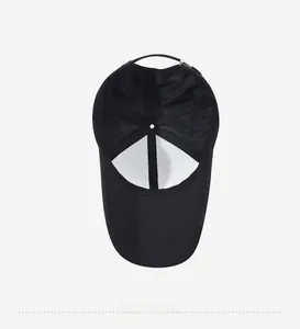 Internal structure of black baseball cap with support lining and adjustable metal buckle
