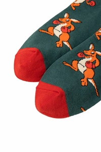 Detailed close-up of dark green knit socks featuring a boxing kangaroo pattern and red toes