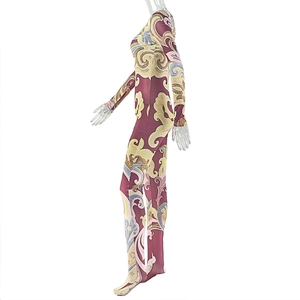 Side view of long-sleeved floral bodysuit with vintage baroque pattern and high neck