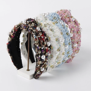 Geknotetes Breites Stirnband Tweed Stoff Retro Elegant Mit Kunstperlen Und Strasssteinen Haarband Für Damen