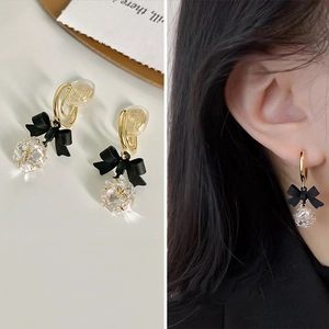 French vintage gold earrings with black bow and transparent crystal square charms