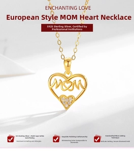 Detailed view of S925 sterling silver MOM heart pendant with fine micro-inlay zircon stones