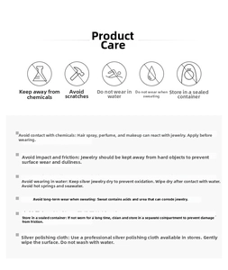 Detailed care guide for jewelry maintenance including storage and cleaning instructions