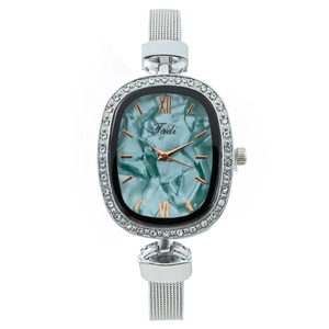 Elegant women's oval quartz watch with silver Milanese band and green textured dial