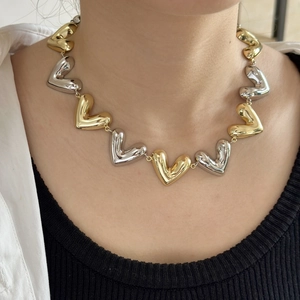 Modern two-tone puffy heart choker in gold and silver finish for women's neck jewelry