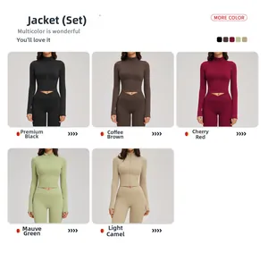 Three-piece women's yoga set featuring slim-fit zipper jacket and V-waist leggings in five colors