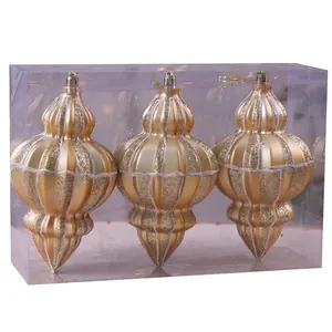 3er-Set goldene Weihnachtskugeln in Zwiebelform mit Glitzerstreifen in Klarsichtbox