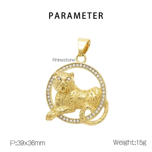 Detail showing dimensions of tiger pendant with rhinestones and gold-plated finish