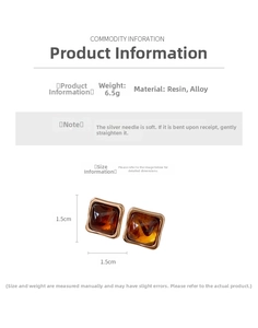 Size specifications for amber resin square earrings with alloy frame and silver needles
