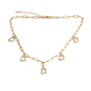 Collier chaîne trombone dorée avec breloques cœur et zircons étincelants, fermoir mousqueton réglable