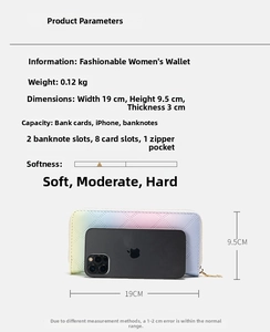 Detailed parameter view showing gradient women's wallet size compared to an iPhone