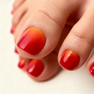 Glänzende künstliche Zehennägel mit rot-orangefarbenem Farbverlauf und Spiegeleffekt
