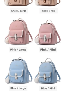 Three colors of fashion backpacks in large and mini sizes with pompom charms