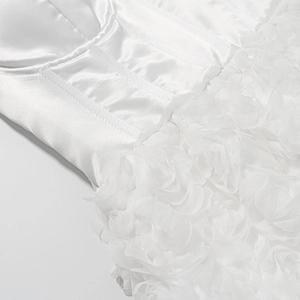Elegant white strapless dress featuring satin bodice and 3D mesh floral details