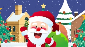 Detailed Christmas cartoon illustration featuring Santa Claus with a green gift bag and snow