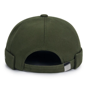 Minimalist olive cotton brimless docker hat with back metal buckle and side embroidery