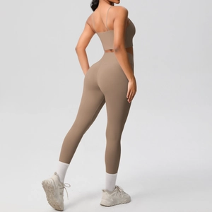 Detail view of seamless light brown yoga set showing high-waist fit and back design