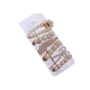 6-piece set of elegant gold pearl hair clips with feather and bow designs for women