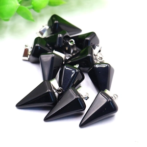 Polished natural black stone hexagonal cone pendants with silver metal bails for necklaces