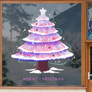 Pink Christmas tree static window sticker with Merry Christmas text for glass decor
