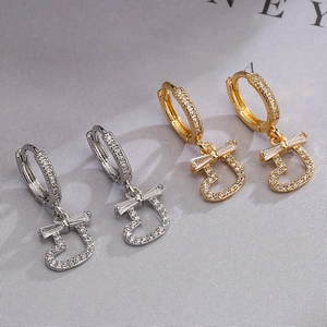 Elegant gold and silver plated heart drop earrings with zircon bow and hollow heart pendant