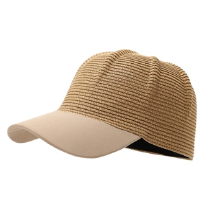 Minimalist straw woven baseball cap in khaki with spiral texture and breathable fabric brim