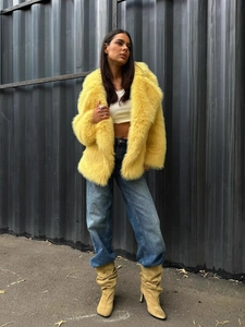 Chic yellow faux fur plush coat with wide lapels for women, high-fashion winter style