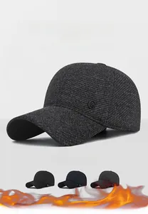 Close-up of wool texture and metal letter C logo on men winter warm ear-protection baseball cap