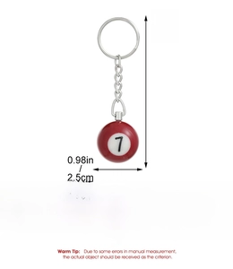Detailed view of resin No. 7 red pool ball keychain with metal ring and measurements