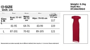 Size chart detail for off-shoulder mesh slit dress showing bust waist and hip measurements