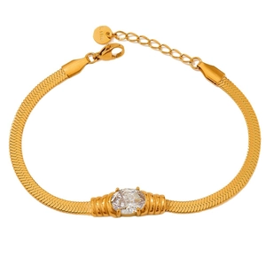 Elegant gold snake chain stainless steel bracelet with oval zircon and lobster clasp