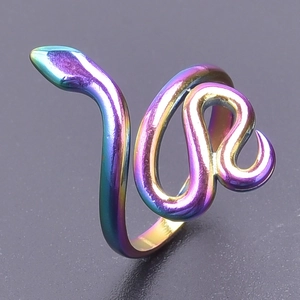 Macro shot of iridescent rainbow snake ring with detailed scale texture and wrap-around design