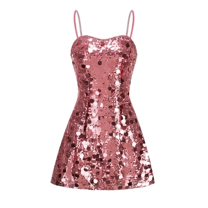 Detail of pink sequins on a mini strap dress featuring shimmering textured fabric