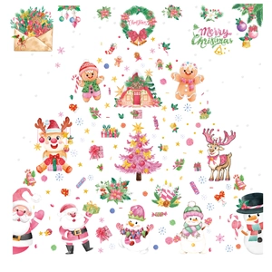 Christmas party window stickers featuring Santa Claus, reindeer, and snowman illustrations