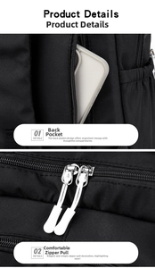 Detail view of anti-theft back pocket and dual zipper design on black backpack