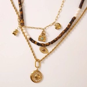 Mehrlagige 18K vergoldete Edelstahlkette mit Evil Eye und Sonnenblumen-Anhängern