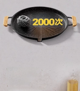 Detail of non-stick stone coating grill pan with radial ridges and wooden handles