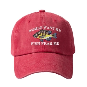 Washed red cotton baseball cap with Women Want Me Fish Fear Me funny embroidery